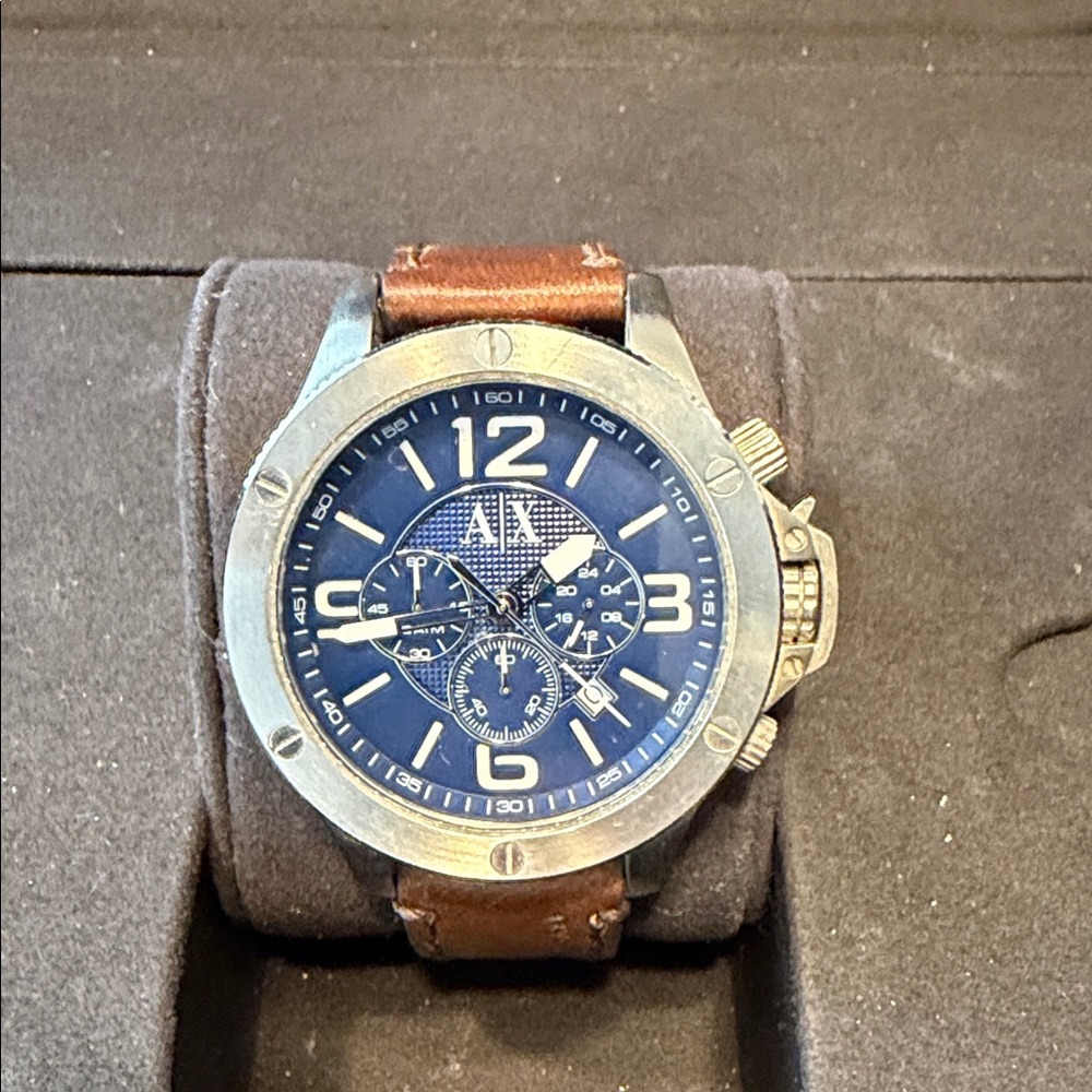 Armani exchange Men's Blue Dial Watch with Brown Leather Strap